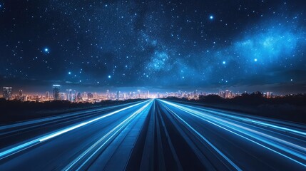 Wall Mural - A high-tech road with energy conduits running along the sides, leading to a massive futuristic city under a sky full of stars