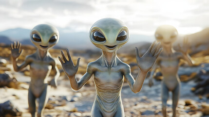 A group of friendly-looking aliens waving in a surreal landscape.