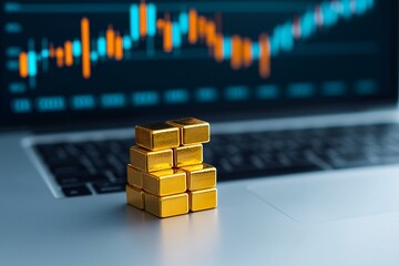 Poster - Financial advisor's desk with gold bars, laptop with live data and graphs, highlighting investment insights and security