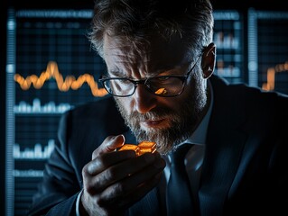 Poster - Professional photo of an investor holding gold bars, stock graphs in the background, reflections adding a sense of depth and investment appeal