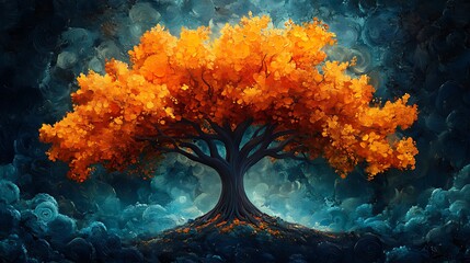 Wall Mural - A solitary tree with vibrant orange leaves stands tall against a backdrop of swirling blue clouds.