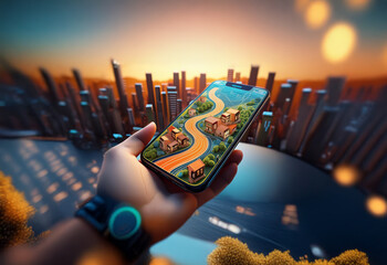 Aufkleber - A hand holding a smartphone with a stylized city view on the screen, set against a backdrop of a blurred cityscape at sunset.