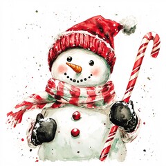 A cheerful snowman wearing a red hat and striped scarf holds a candy cane, embodying the festive spirit of winter celebrations