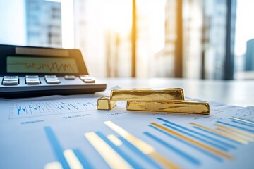 Poster - Gold bars placed alongside a calculator and documents displaying upward market trends, symbolizing investment growth potential. Plenty of copy space is available for text.