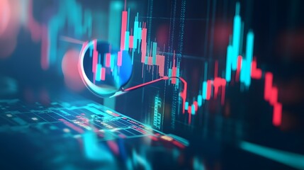 
3D graph up with search notice icon for finance statistic, sell and buy report. analyzing investment money cash and exchange with finance. 3d trading stock report icon vector render illustration