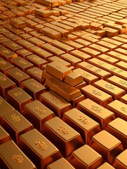 Poster - Golden bars carefully stacked with a background of fluctuating currency symbols, hinting at the stability of gold amidst global market changes
