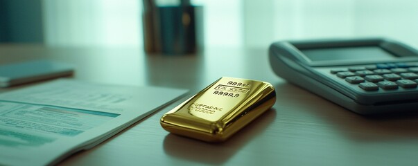 Poster - Gold bullion bars rest on a table next to a financial report indicating inflation trends, symbolizing wealth preservation and stability. Copy space is integrated for text or branding.