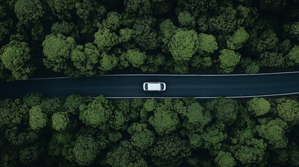 Wall Mural - Aerial view of a solitary car driving on a road surrounded by dense green forest, with trees on both sides of the pavement, creating a striking contrast between nature and the roadway.