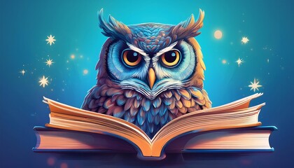  Wisdom and education concept image with a wise owl reading a book on blue background with co