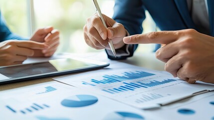 Poster - Close-up of Hands Analyzing Financial Data with a Pen and Graphs