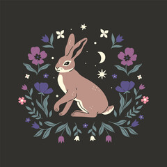 Wall Mural - Hare on a dark background and in a floral frame. Vector graphics.