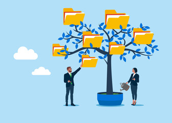 Wall Mural - Businesspeople picking folder from tree. Organize document files into archive folders. Modern vector illustration in flat style