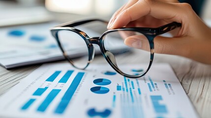 Poster - Hand Holding Glasses Over Blue Charts and Graphs