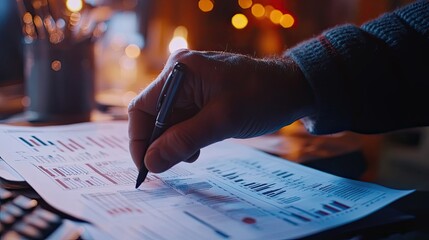 Poster - Close-up of a Hand Analyzing Financial Data with a Pen