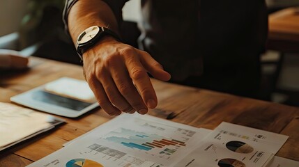 Poster - Close-up of a Man's Hand with a Watch Above Charts and Graphs