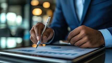 Poster - Close-up of a hand using a stylus to analyze data on a tablet screen