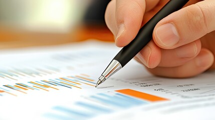 Poster - A Hand Holding a Pen Over a Graph with Blue and Orange Bars