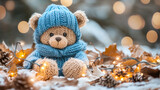 Cute knitted teddy bear wearing a blue hat and surrounded by glowing fairy lights, set against a cozy autumn background. Ideal for festive or seasonal themes.