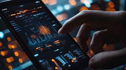 Poster - Close-up of a hand interacting with a smartphone displaying data visualization and charts