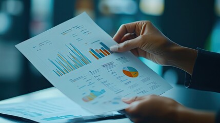 Poster - Close-up of a Person's Hand Holding a Page of Financial Charts and Graphs