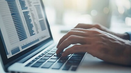 Poster - A Close-up of Hands Typing on a Laptop Keyboard with Data Displayed on the Screen