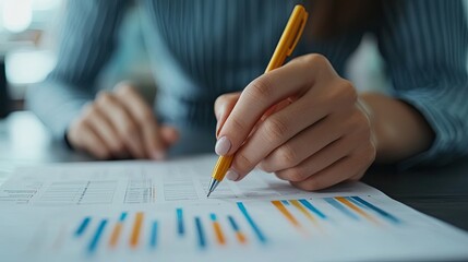 Poster - Close-up of Hand Analyzing Financial Data with Yellow Pen