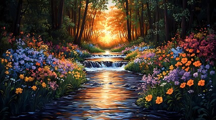 Wall Mural - A tranquil forest stream flows through a vibrant meadow of wildflowers as the sun sets, casting a golden glow on the water.