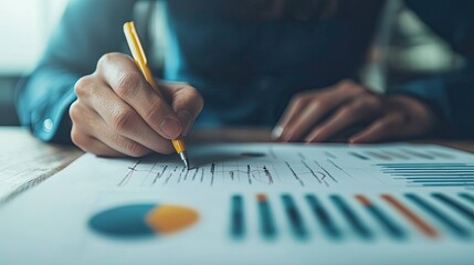 Poster - Person's Hand Writing on a Document with Charts and Graphs