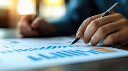 Poster - A Hand Holding a Pen Pointing at a Chart of Blue Bars