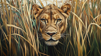 Wall Mural - Close-Up of Lioness in Tall Grass, Safari Wildlife 