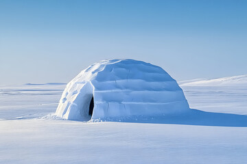 A snow igloo stands in a vast, snowy landscape under a clear blue sky.