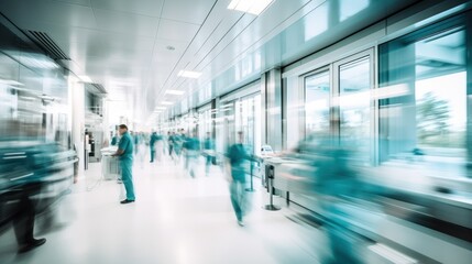 Wall Mural - the dynamic activity of healthcare professionals in a hospital ward, with patient beds and medical devices barely in focus