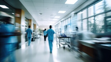 Wall Mural - the dynamic activity of healthcare professionals in a hospital ward, with patient beds and medical devices barely in focus