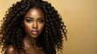 © Wahyu_T - A beautiful young woman with long curly hair and dark skin looks directly at the camera against a golden background.