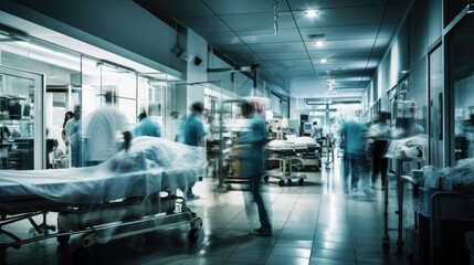 Wall Mural - hospital corridor with doctors and nurses pushing a patient on a stretcher,