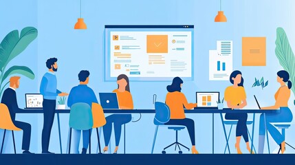 Poster - A group of office workers collaborate on a project, using laptops and a whiteboard.