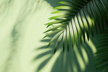 Stylish background for presentation. Palm leaf on a green surface with shadow.