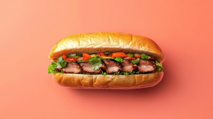 Artistic depiction of a banh mi sandwich with grilled pork, pickled veggies, cilantro, and sriracha mayo on a baguette, Banh mi sandwich, Spicy and fresh