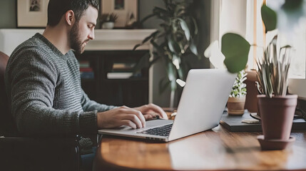 Poster - Man Working on Laptop in a Home Office Setting