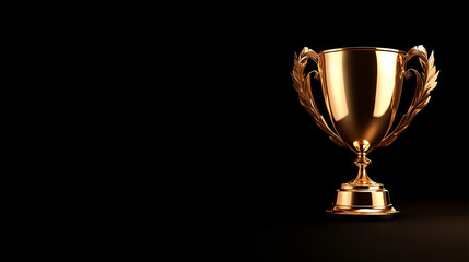 A gold cup with a gold rim sits on a dark surface. The cup is the only object in the image, and it is a trophy or a symbol of achievement