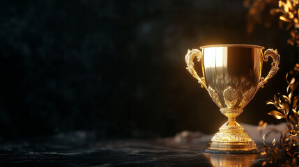 A gold cup with a gold rim sits on a dark surface. The cup is the only object in the image, and it is a trophy or a symbol of achievement