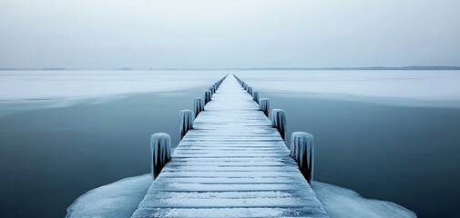 Winter pier extends into a calm frozen lake; serene and tranquil setting.