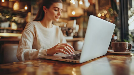 Poster - Woman Working on Laptop in a Cafe Setting