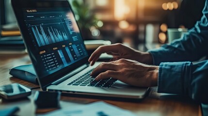 Poster - Man Working on Laptop Analyzing Financial Data with Charts and Graphs