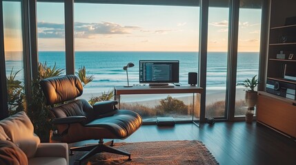 Poster - Modern Home Office with Ocean View and Sunset