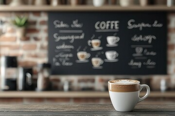 3D model of a blackboard with barista art showing coffee types and latte designs in white and tan chalk, Coffee art blackboard, Trendy and stylish