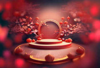 Wall Mural - A red circular podium with gold accents sits in front of a red and gold circular frame.  Pink blossoms and red lanterns adorn the scene.