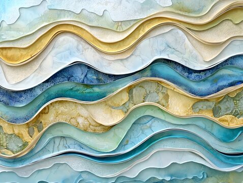 Luxurious abstract ocean wave artwork featuring intricate multi-layered organic curves with different textures and colors in shades of blue and cream.