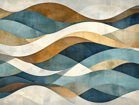 Vintage abstract wave background featuring intricate multi-layered curve organic shapes in shades of dark blue and brown on a white backdrop.