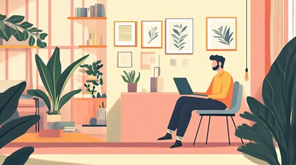 Poster - A man working on a laptop at a desk in a modern apartment